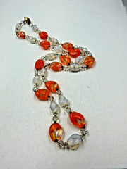 Vintage Necklace Glass Beads Art Deco Clear Orange 28 in PJ