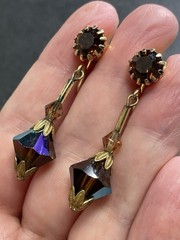 Vintage 1.5” Brown Rhinestone AB Faceted Acrylic Bead Gold Tone Clip Earrings