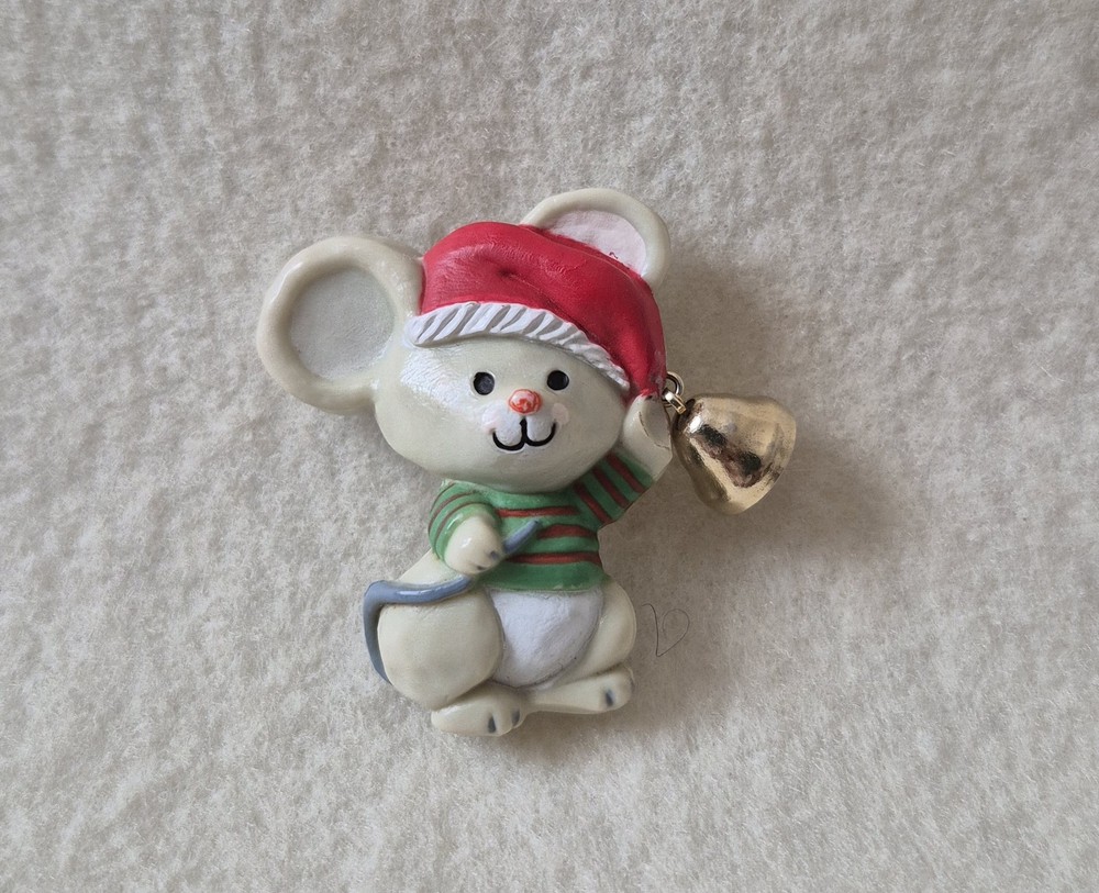 Vintage Hallmark Christmas Mouse with Jingle Bell Lapel Pin Santa Hat Holiday