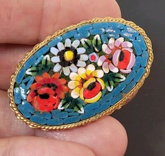 Italian Mosiac Flower Brooch Aqua Background Multicolor Flowers Italy 1.75″