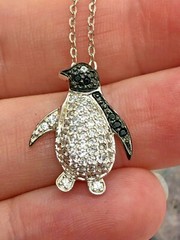 GM Vintage Sterling Silver Sparkling Black and White Penguin Necklace 17.75″