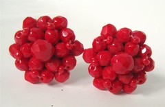 Vintage Germany Red Czech Glass Bead Beaded Cluster Earrings Clip On Hexagon
