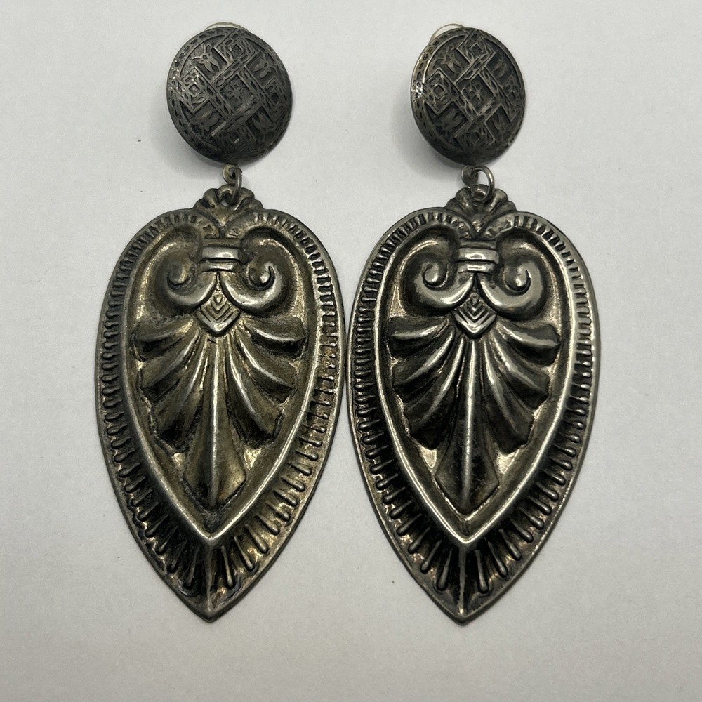 3.5” VTG Silver-tone Oversized Sacred Hearts Ornate Dangle Drop