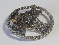 Antique Silver-tone Oval Flower Basket Brooch w/ Multicolor Gemstones, C-clasp