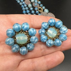 Vintage Freirich Blue White Green Pink Art glass Goldtone 62” necklace earring