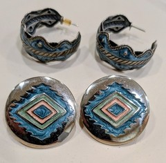 Vintage Southwest Enamel Hoop Concho Earrings 2 Pair Teal Geometric Aztec Silver
