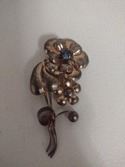 Vintage 195Os Sterling Silver Vermeil AT Rhinestone Flower Brooch Pin 4″ 17.3g