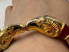 Vintage Les Bernard Bracelet Red Enamel Rams Head Hinged PLATING WEAR 6 inches