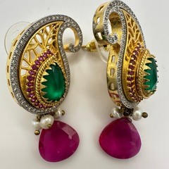 Indian Bridal gold kundan real ruby pearls cubic zirconia green glass earrings