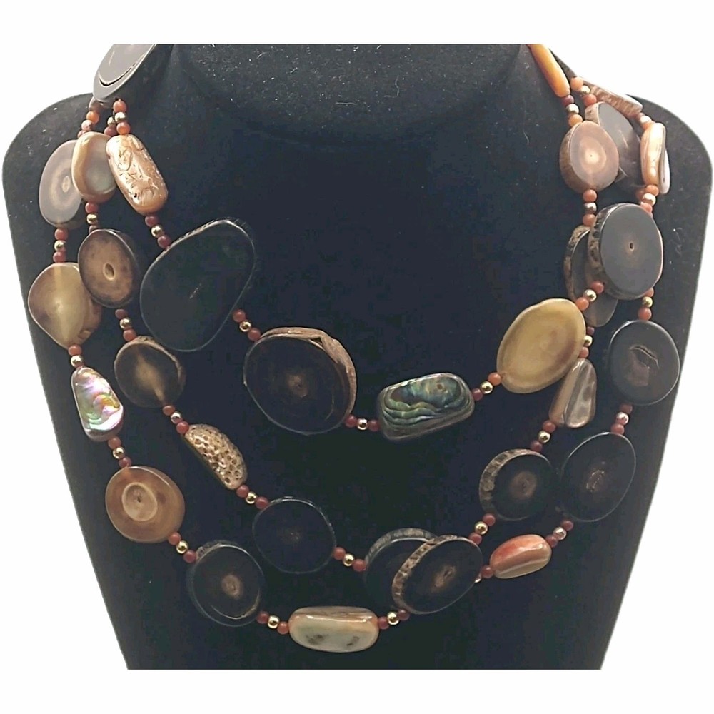 Vintage 1960″s Horn Mother of Pearl Abalone Bead Necklace 50″ Hobo Mid Century