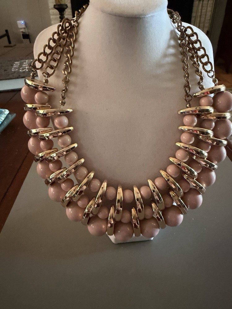 Vintage Pale Pink Gold Tone 3 Row Necklace 14-18”