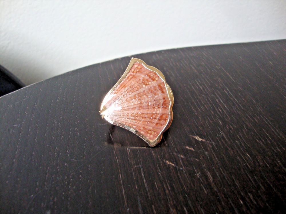 VTG HANDMADE NATURAL LACQUERED SEASHELL GOLD PLATED HINGED DRESS/SCARF CLIP
