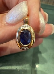Vintage 14K Yellow Gold Natural Sapphire & Diamond Pendant