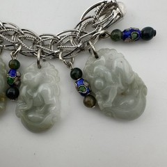 Vintage Chinese Carved Jade Bracelet Sterling Silver 12 Zodiac Animals RARE