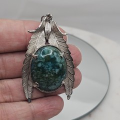 Vintage Pendant Sterling Silver Chain Necklace Leaf Motif Handcrafted 70s Green
