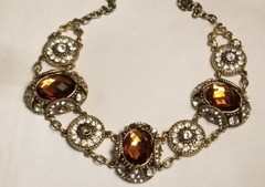 VCLM rhinestone clear & amber gold tone necklace choker