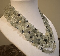 Vintage Tourmalinated Prehnite Nugget Necklace W/Bicone Beads, Freshwater Pearls