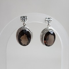 Vintage Sterling Silver Smoky Quartz Dangle Earrings | Oval Faceted Stones