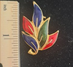 Vintage Gold Tone Leaf Brooch With Red Green And Blue Enamel