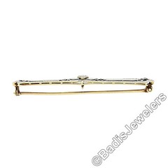 Antique Krementz Edwardian Platinum Top 14k Gold Diamond Etched Bar Pin Brooch