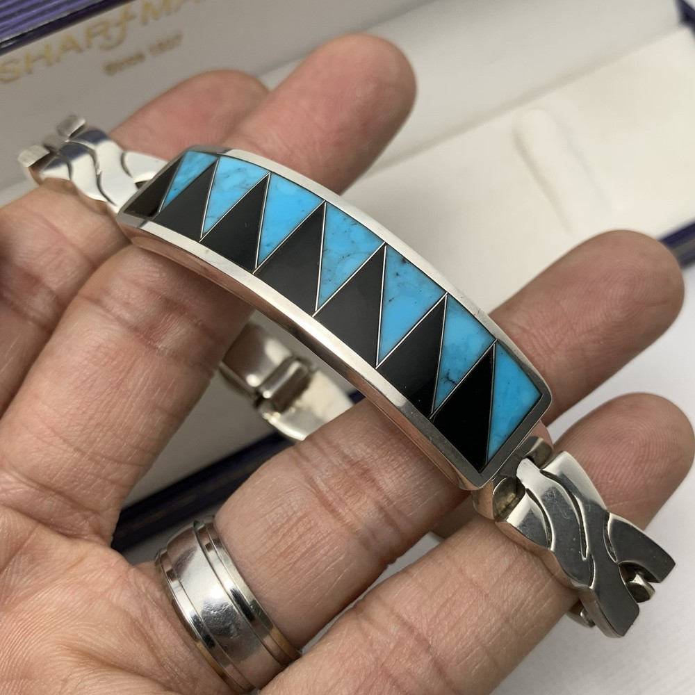 VTG Sterling Silver Turquoise Inlay TR-110 Mexico Hinged Link Bracelet
