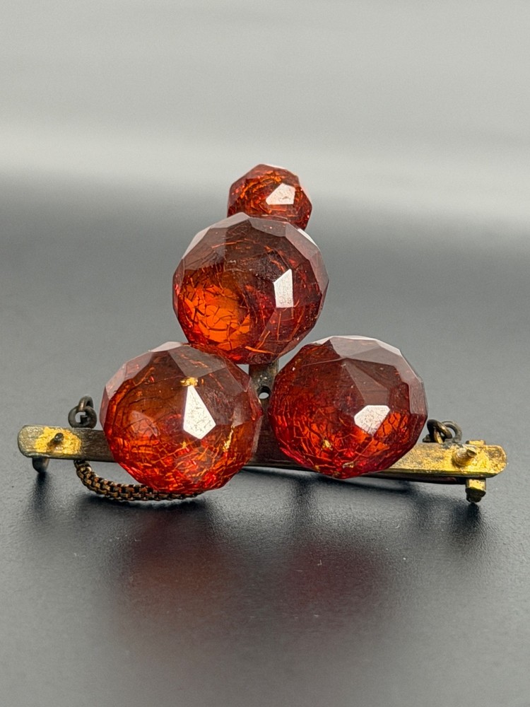 Vintage Czech Bohemian Amber Red Crackle Glass Bead Brooch Trombone Clasp Pin