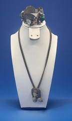 Vintage Sculpted Face Pendant Necklace & Green Stone Bracelet Set