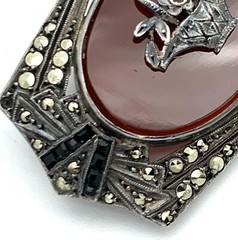 Art Deco Sterling Silver Carnelian Marcasite Brooch | 12 grams