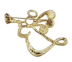 Angel Blowing Trumpet Rhinestone Tipped Wings Shiny Gold Tone Vintage Brooch Pin