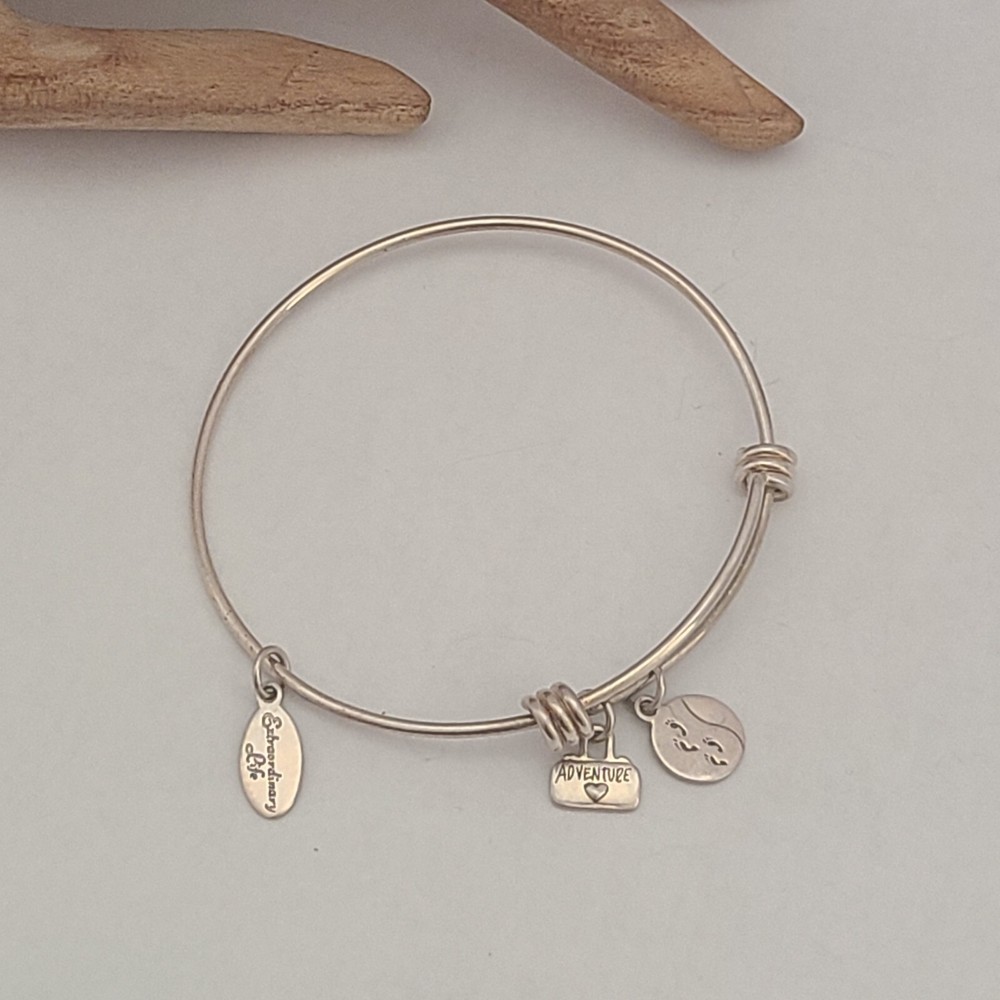 VINTAGE LA STERLING SILVER ADVENTURE FOOTPRINTS LIFE ADJUSTABLE BRACELET 7.75IN