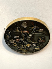 Antique 19th C Japanese Shakudo Inlay Brooch Pin With 18K Yellow Gold Frame