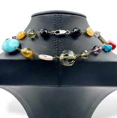 Vintage BOHO STATEMENT Necklace Multi Gemstones MOP Turquoise Etc 41” Fabulous!