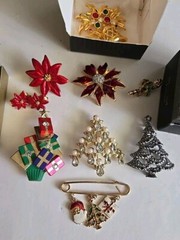 Vtg Christmas Brooch Pin Lot Holiday Avon Trees Bells Necklace Lot