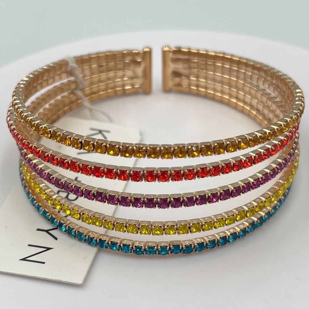 Vintage Kat + Bryn Gold Tone Rainbow Rhinestone 5 Row Open Cuff Bangle Bracelet