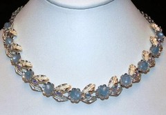 Vintage Judy Lee Blue Moonglow Cab Silver Tone Leaf Necklace Bracelet Set Rhines