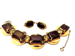 Bracelet Earrings Set 5 Link Brown Green Large Rhinestones Open Backs MCM Trendy