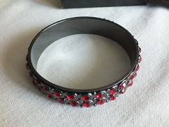 Bangle Bracelet Dark Silver Tone Sparkling Red Rhinestones 2 5/8″ Across x 5/8″