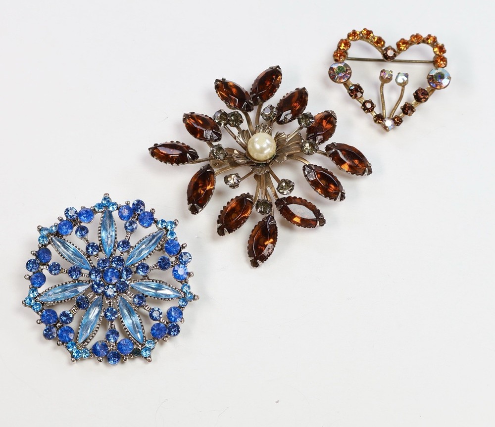 Vintage Brooches Rhinestones Faux Pearl Blue Amber AB Lot of 3