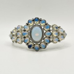 Vintage Opalite Glass Cabochon Clamper Bracelet Chunky Silver Tone Statement 7”