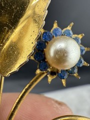 Vintage Faux Pearl Flower Brooch Blue Rhinestone Gold Tone READ