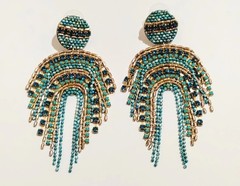 Turquoise Blue Gold Seed Bead Fringe Chandelier Earrings Elegant Boho Statement