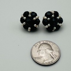 Vintage Style Cluster Earrings Pierced Stud Round Black Bead Faux Pearl Elegant
