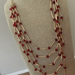 Vintage Red Bead Multi Strand Necklace Gold Tone Bar Link Layered