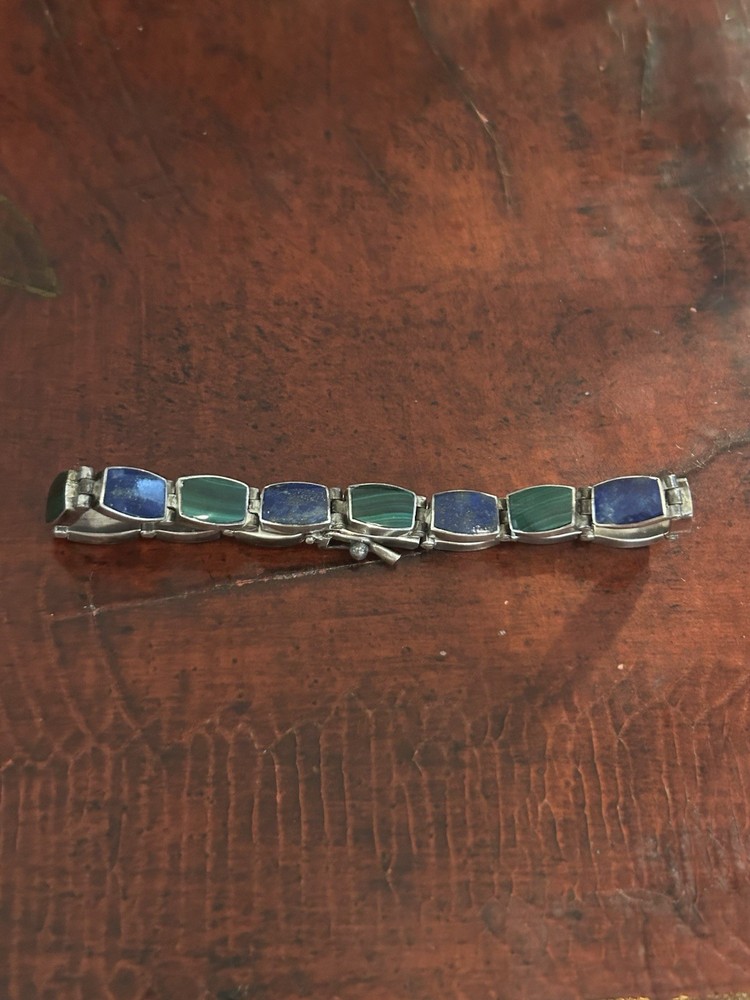 Sterling Silver 950 Taxco Mexico Malachite Lapis Bracelet 7″