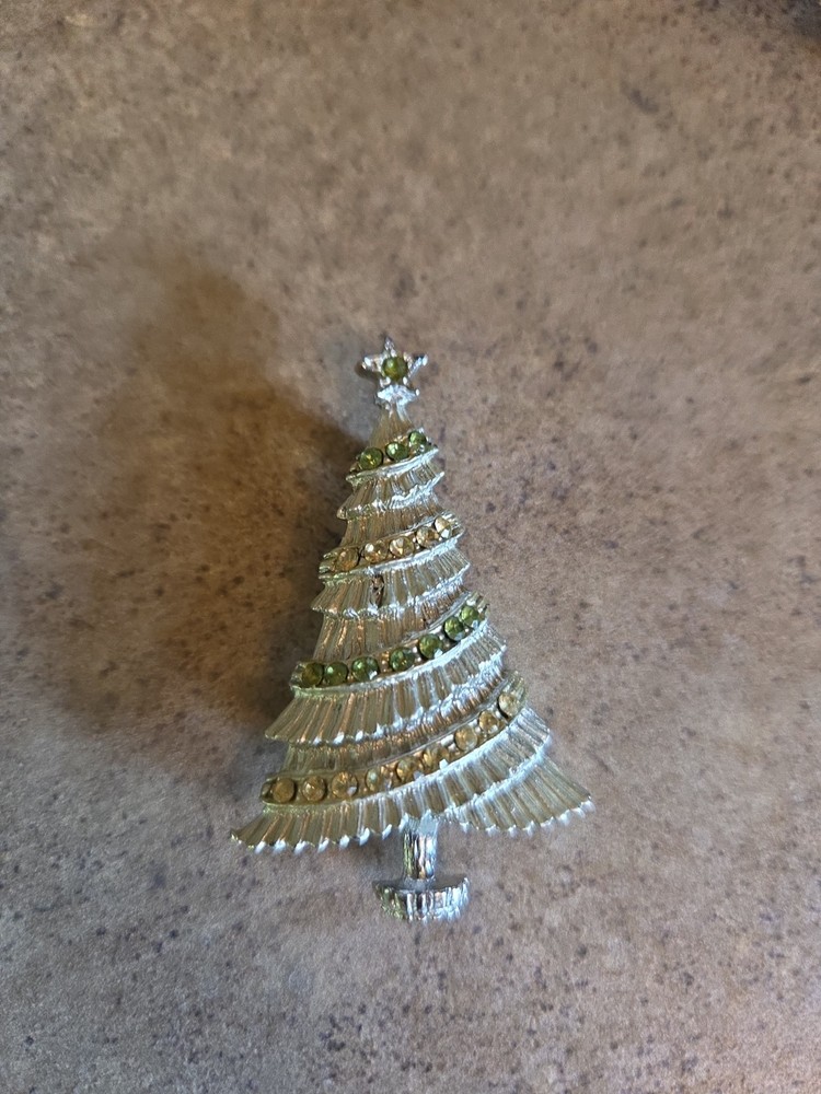 BJ Vintage Christmas Tree Pin Brooch Silver