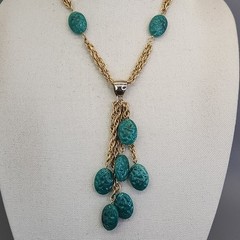 Vintage Celebrity NY Necklace Simulated Jade Green Dangles Gold Tone Layers 20″