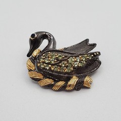 925 Swan Brooch 1.25in Rhodium Plate Sterling Silver Peridot Onyx Figural Estate