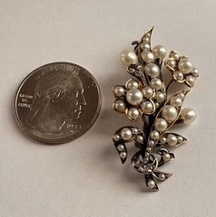 READ Victorian 10K 18K Mixed Metals Pearl Mine Cut Diamonds Leaf Flower Brooch