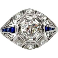 Art Deco 4Ct Lab Created Diamond & Sapphire 14K White Gold FN Engagement Ring