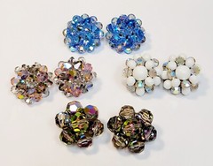 4 Vintage Crystal Glass Bead Cluster Earrings AB Blue White Pink